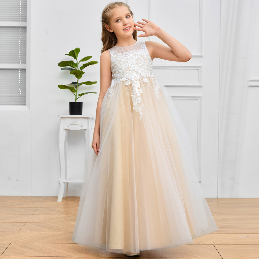 Ball Gown Boat Neck Sleeveless Floor-Length Tulle/Lace Flower Girl Dresses/First Communion Dress With Appliques Girls Gidiondress