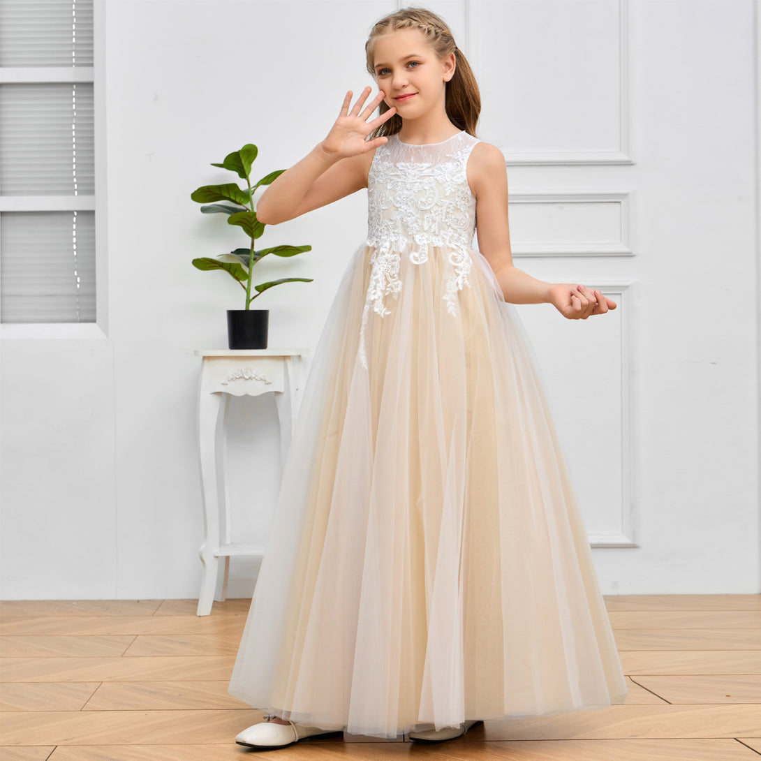 Ball Gown Boat Neck Sleeveless Floor-Length Tulle/Lace Flower Girl Dresses/First Communion Dress With Appliques Girls Gidiondress