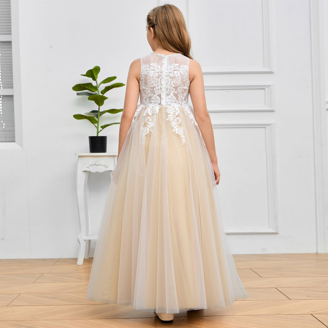 Ball Gown Boat Neck Sleeveless Floor-Length Tulle/Lace Flower Girl Dresses/First Communion Dress With Appliques Girls Gidiondress