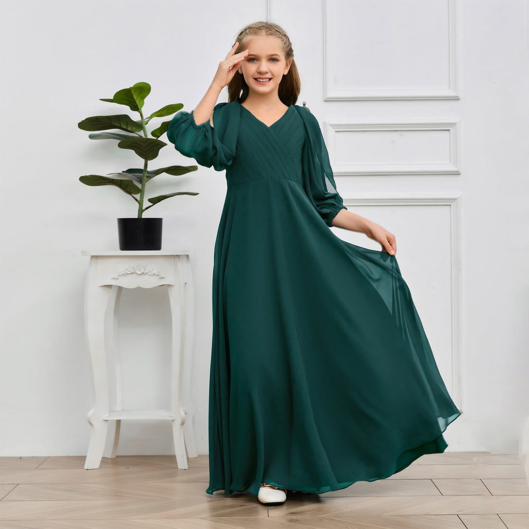 A-line V-Neck Floor-Length Chiffon Junior Bridesmaid Dresses Gidiondress