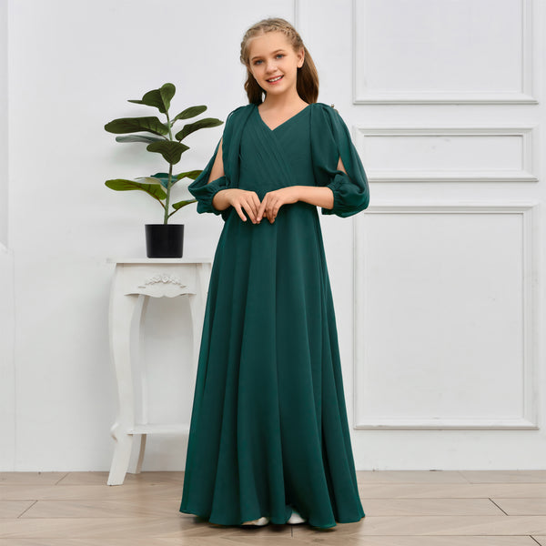 A-line V-Neck Floor-Length Chiffon Junior Bridesmaid Dresses Gidiondress
