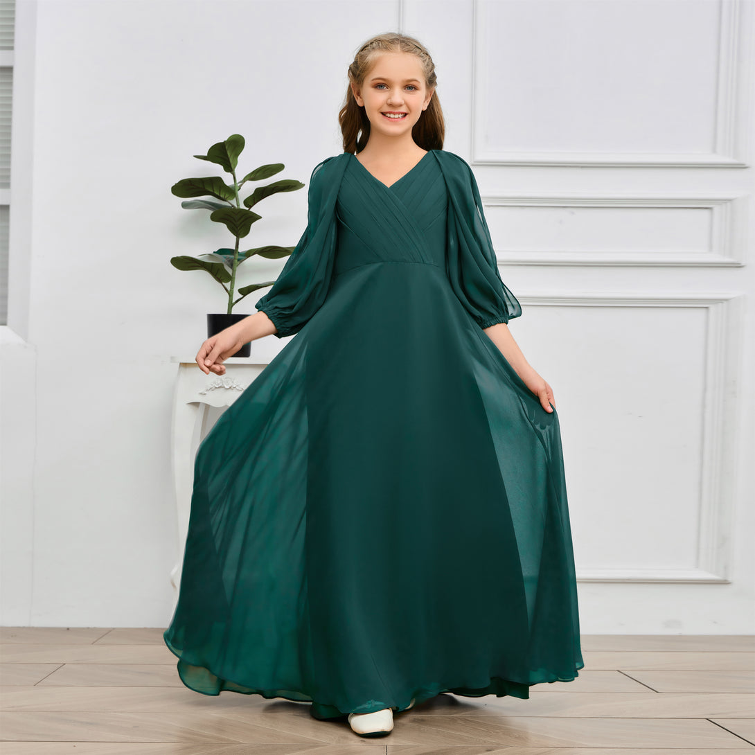 A-line V-Neck Floor-Length Chiffon Junior Bridesmaid Dresses Gidiondress