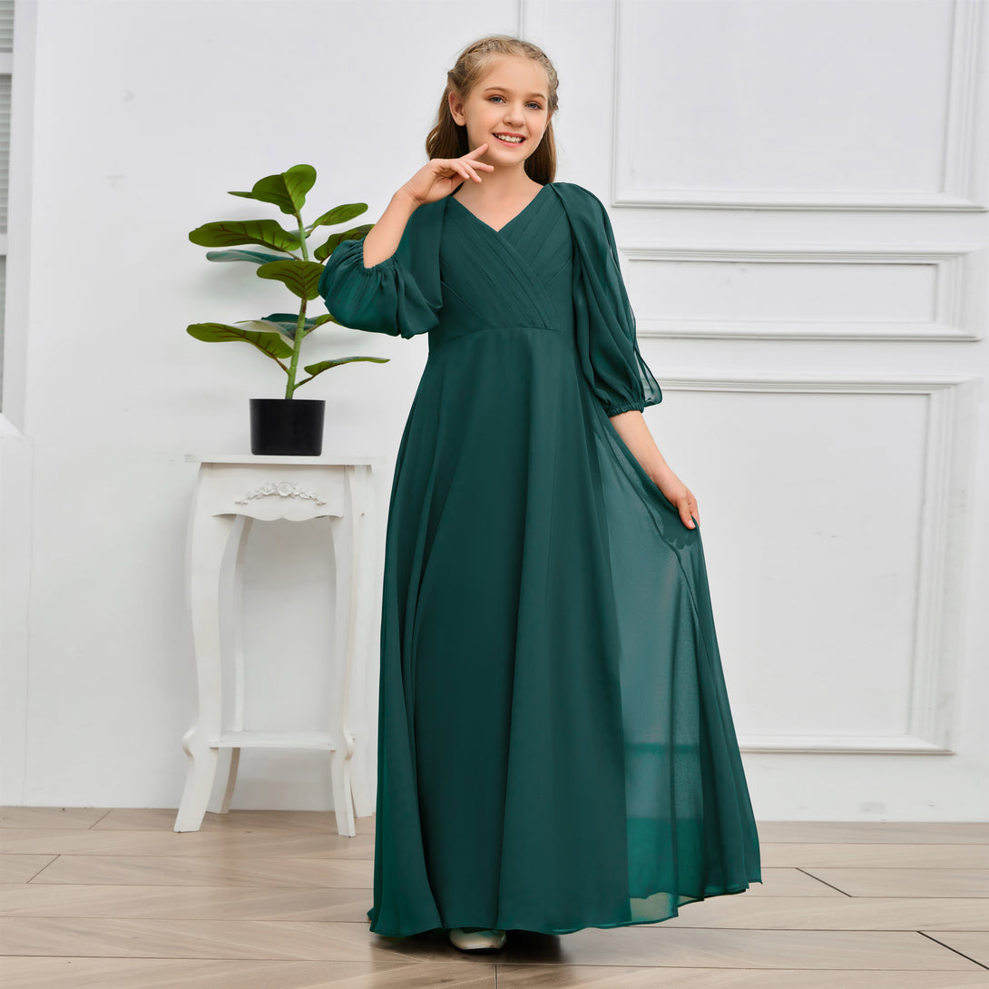 A-line V-Neck Floor-Length Chiffon Junior Bridesmaid Dresses Gidiondress