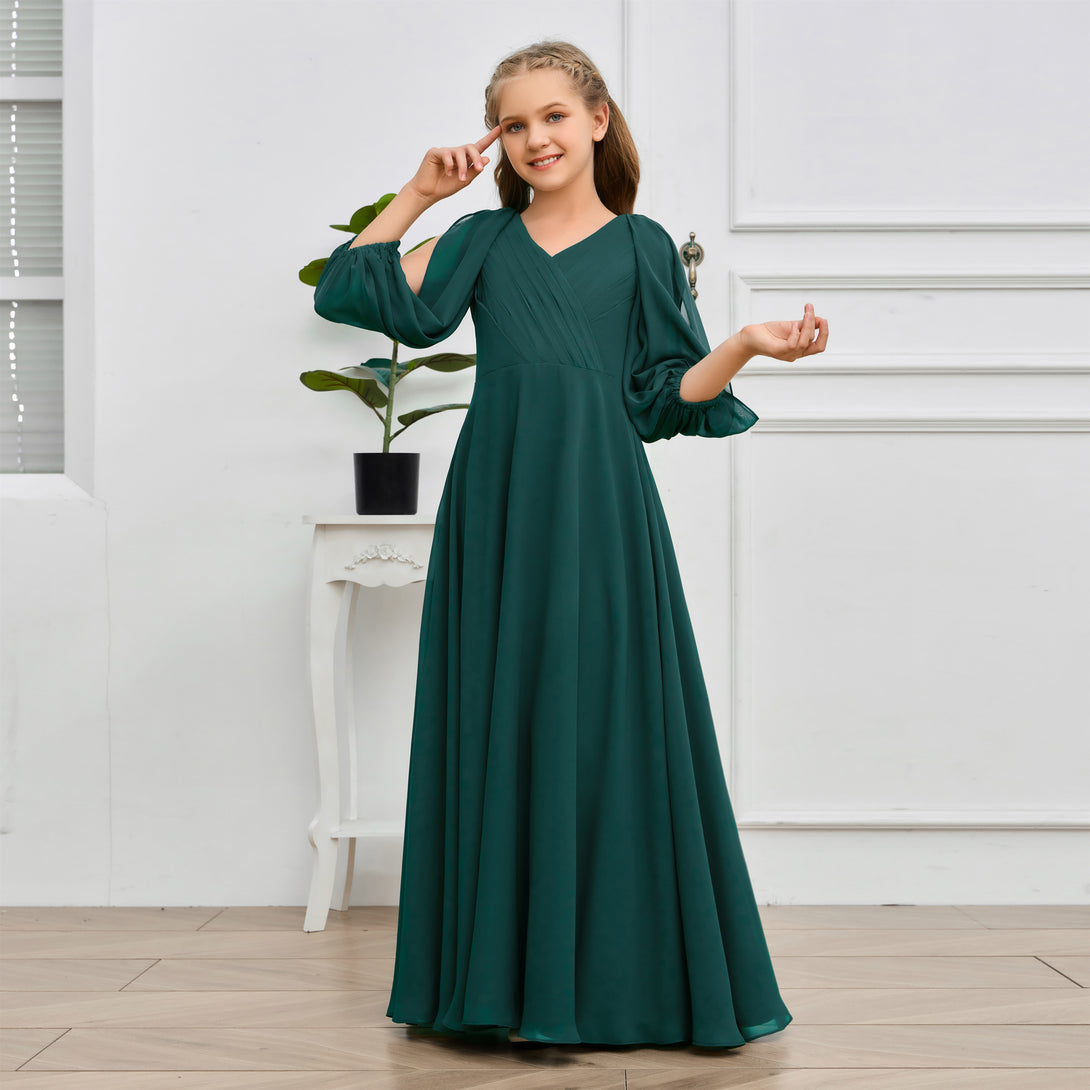 A-line V-Neck Floor-Length Chiffon Junior Bridesmaid Dresses Gidiondress