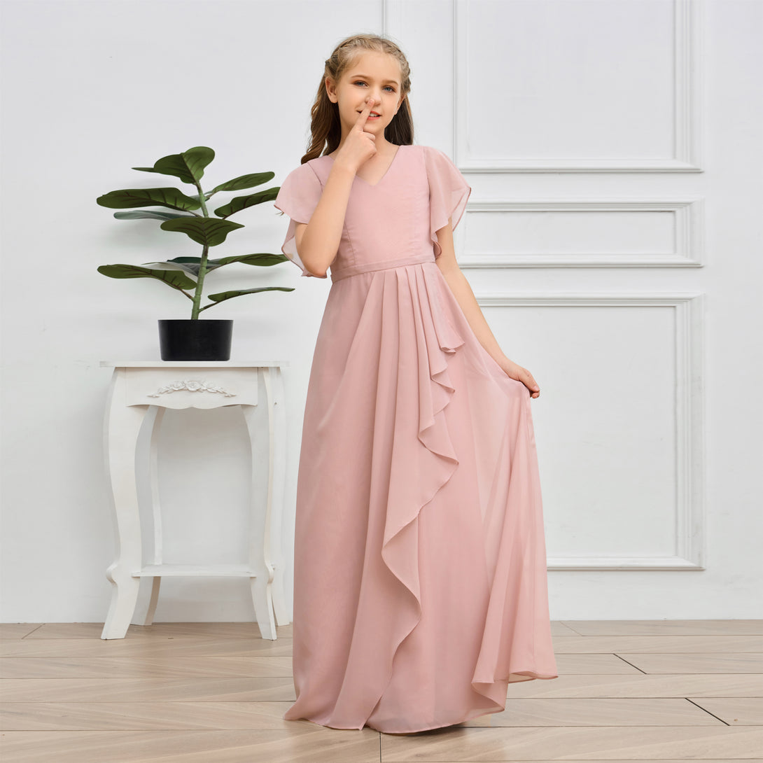 V-Neck Flutter straps Floor-Length Chiffon Junior Bridesmaid Dress/Girls Birthday Dresses Gidiondress