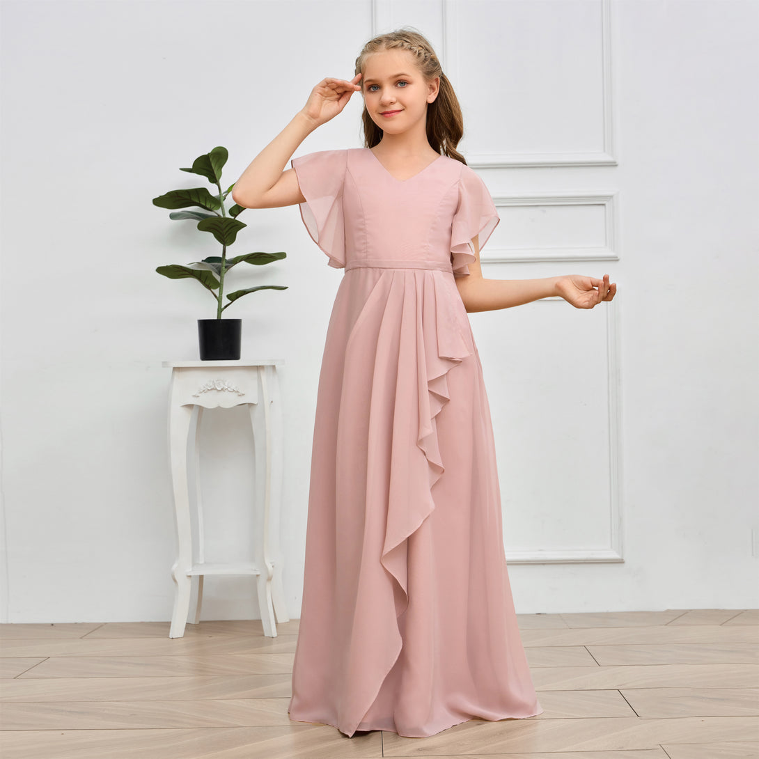 V-Neck Flutter straps Floor-Length Chiffon Junior Bridesmaid Dress/Girls Birthday Dresses Gidiondress