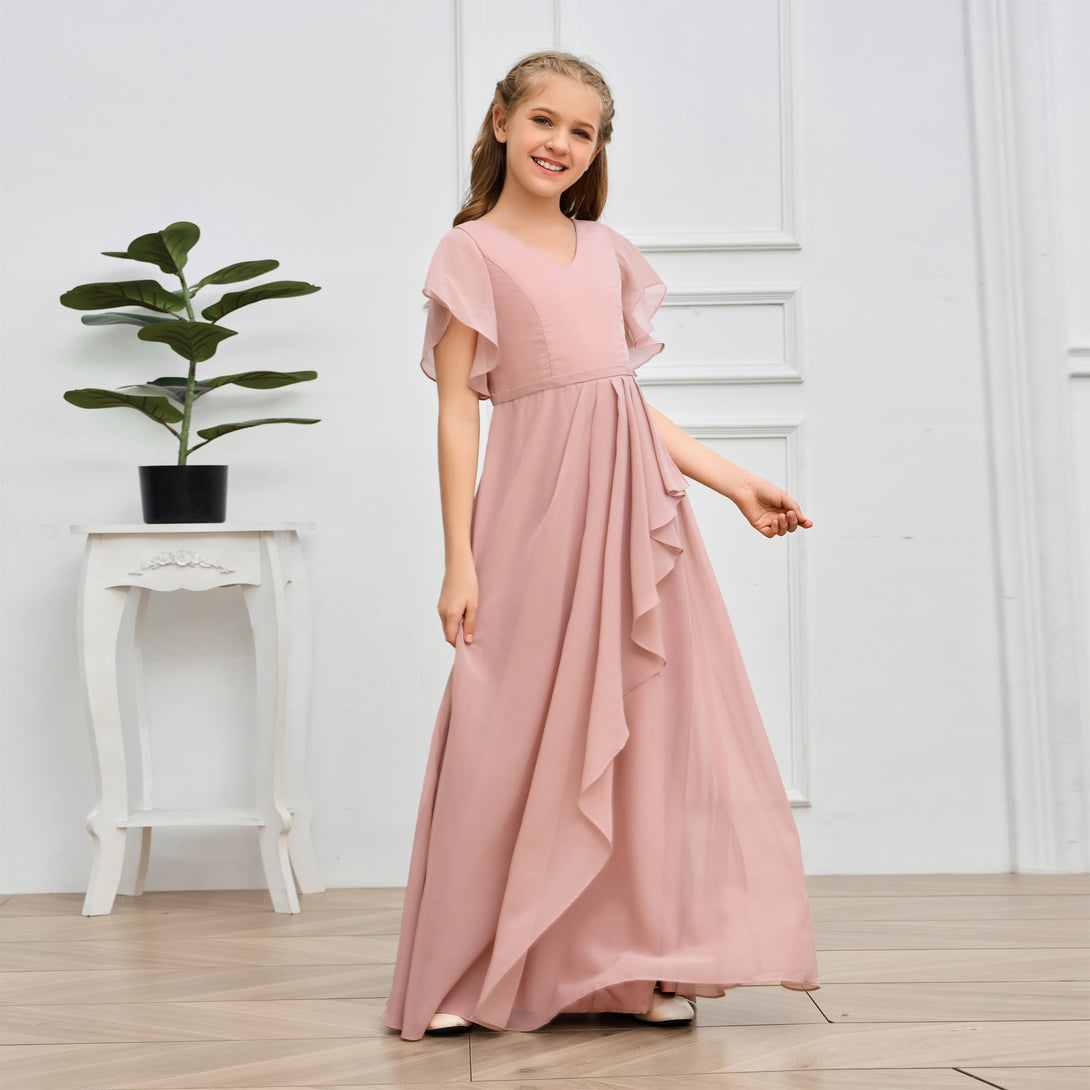 V-Neck Flutter straps Floor-Length Chiffon Junior Bridesmaid Dress/Girls Birthday Dresses Gidiondress