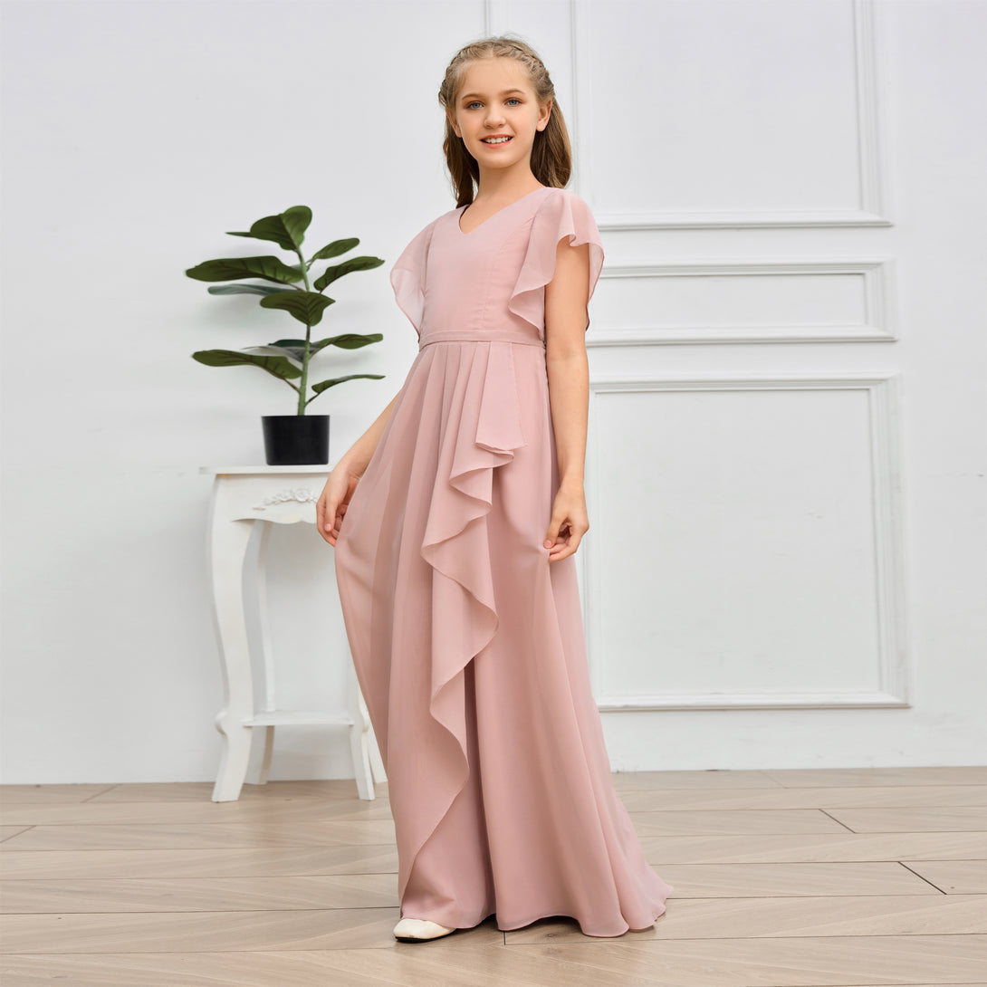 V-Neck Flutter straps Floor-Length Chiffon Junior Bridesmaid Dress/Girls Birthday Dresses Gidiondress