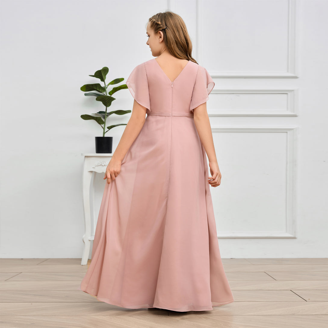 V-Neck Flutter straps Floor-Length Chiffon Junior Bridesmaid Dress/Girls Birthday Dresses Gidiondress