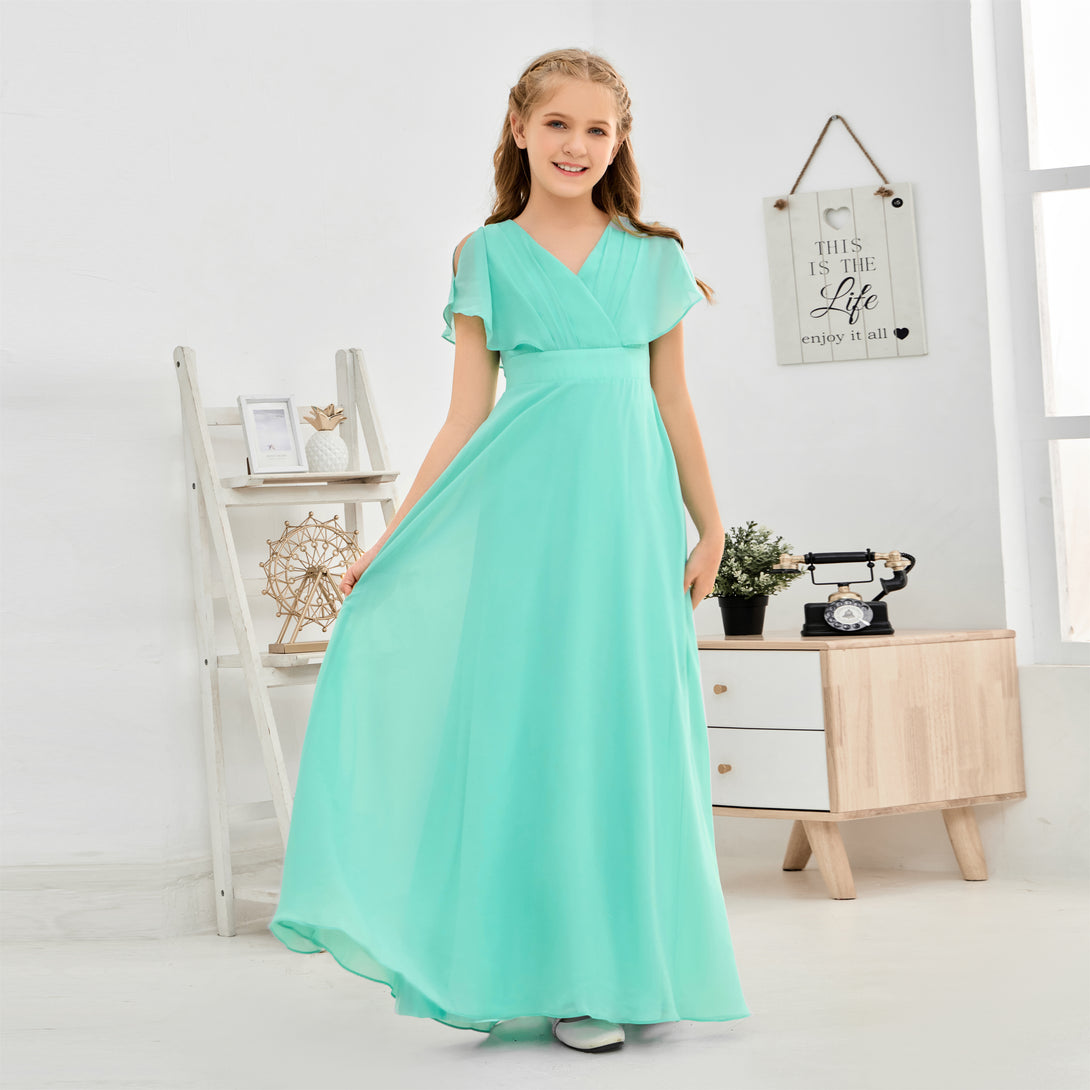 A-line V-Neck Floor-Length Chiffon Junior Bridesmaid Dress Gidiondress