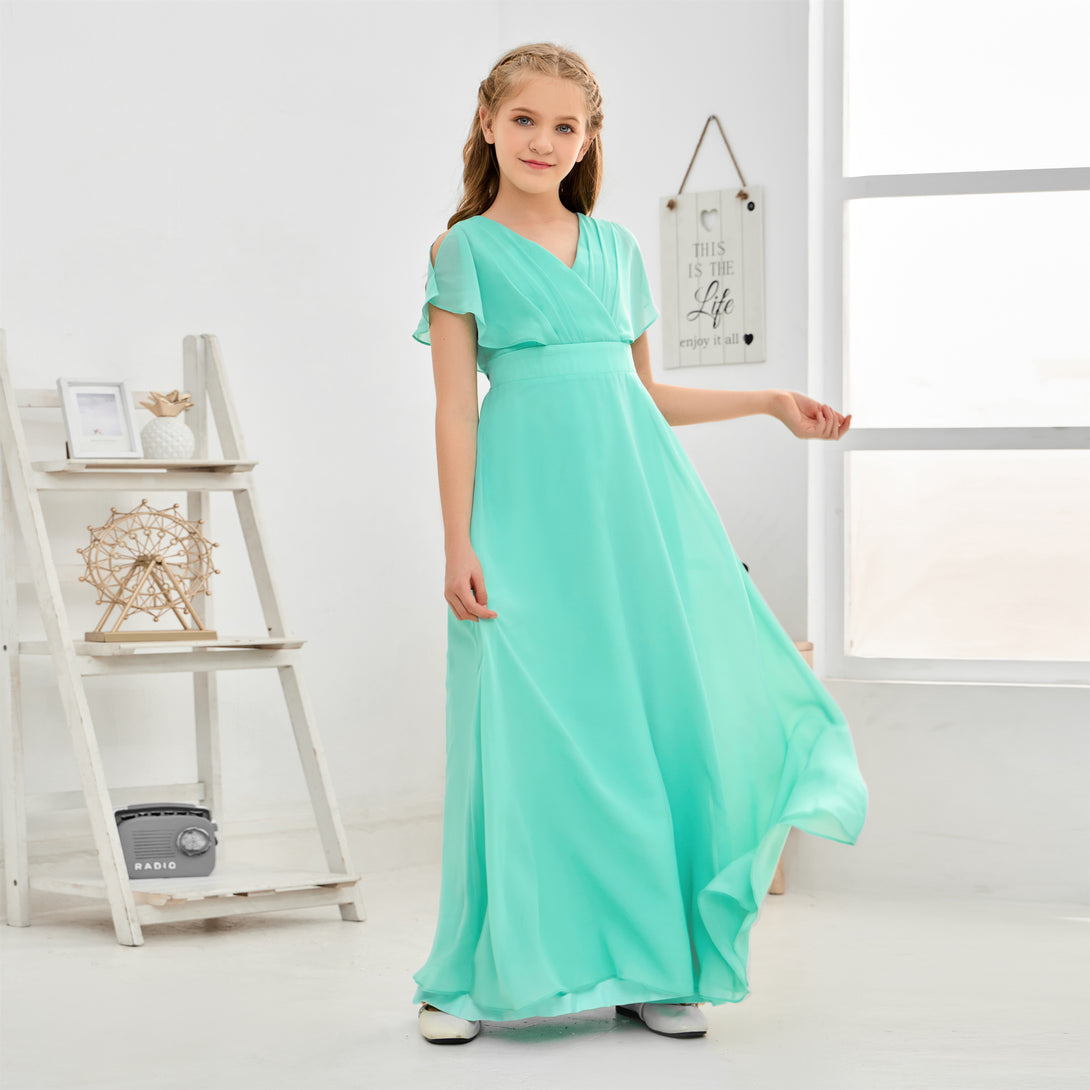 A-line V-Neck Floor-Length Chiffon Junior Bridesmaid Dress Gidiondress