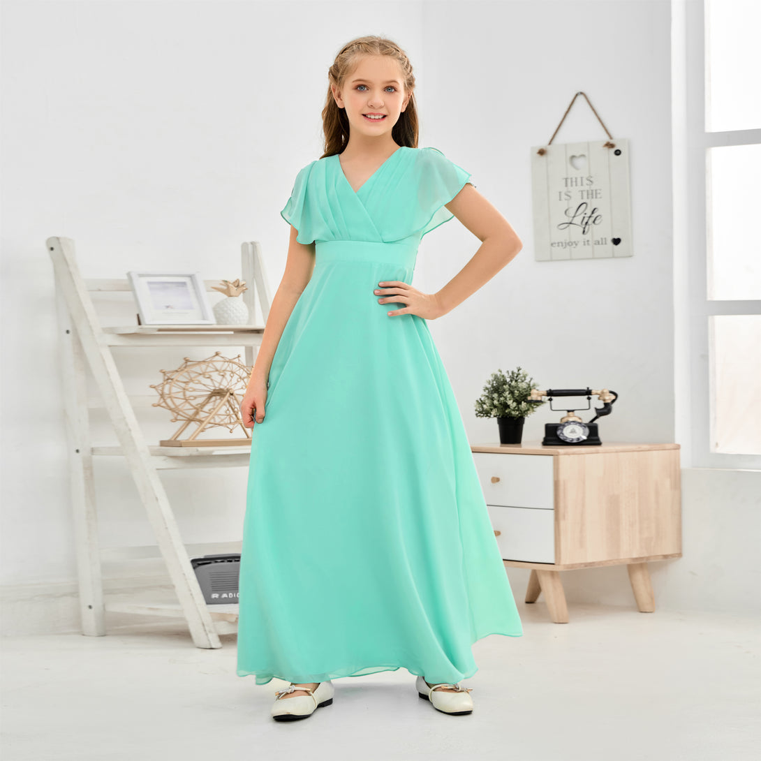 A-line V-Neck Floor-Length Chiffon Junior Bridesmaid Dress Gidiondress