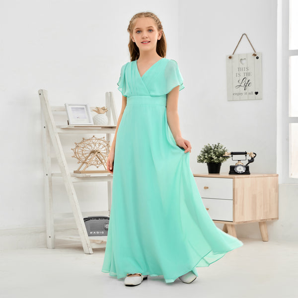A-line V-Neck Floor-Length Chiffon Junior Bridesmaid Dress Gidiondress