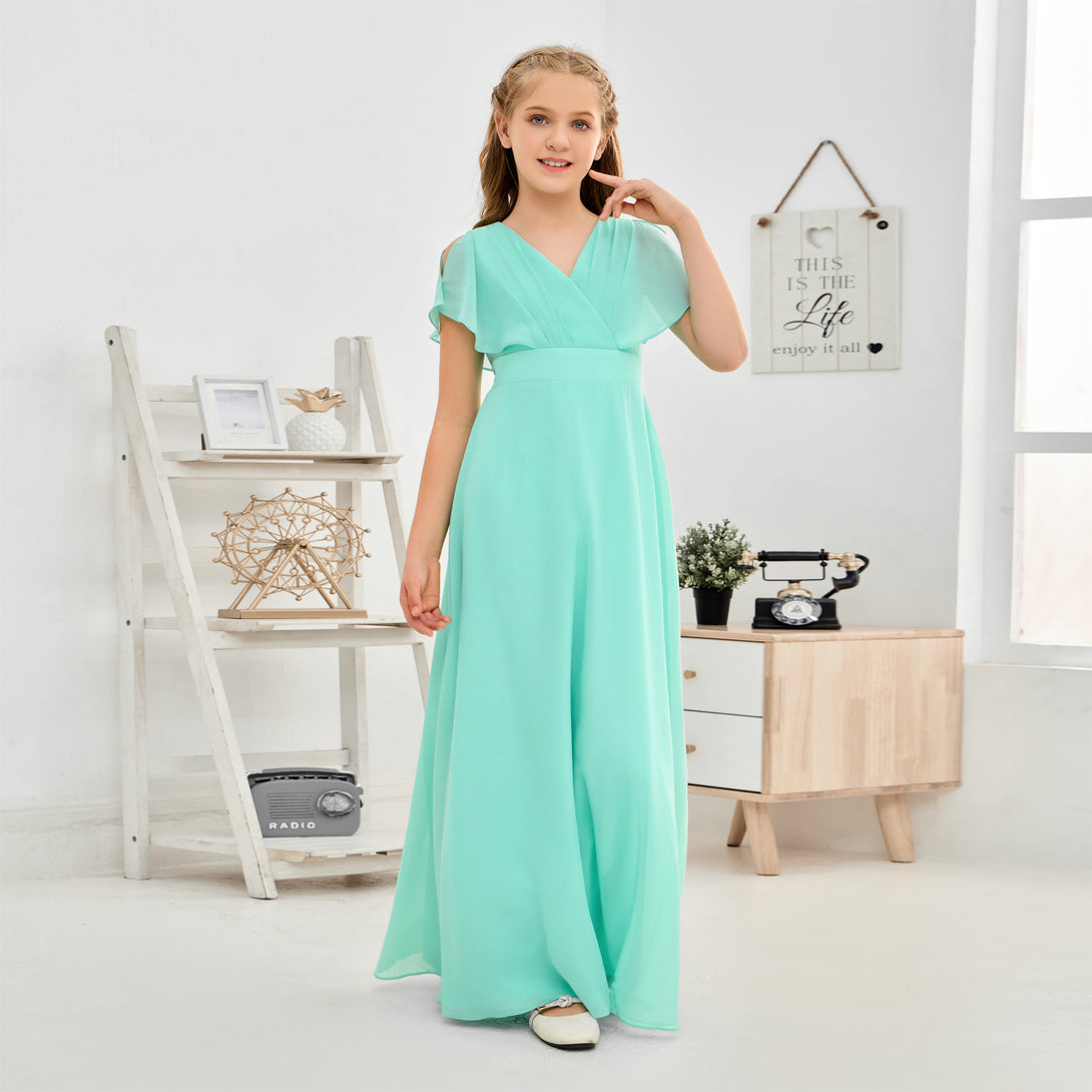 A-line V-Neck Floor-Length Chiffon Junior Bridesmaid Dress Gidiondress