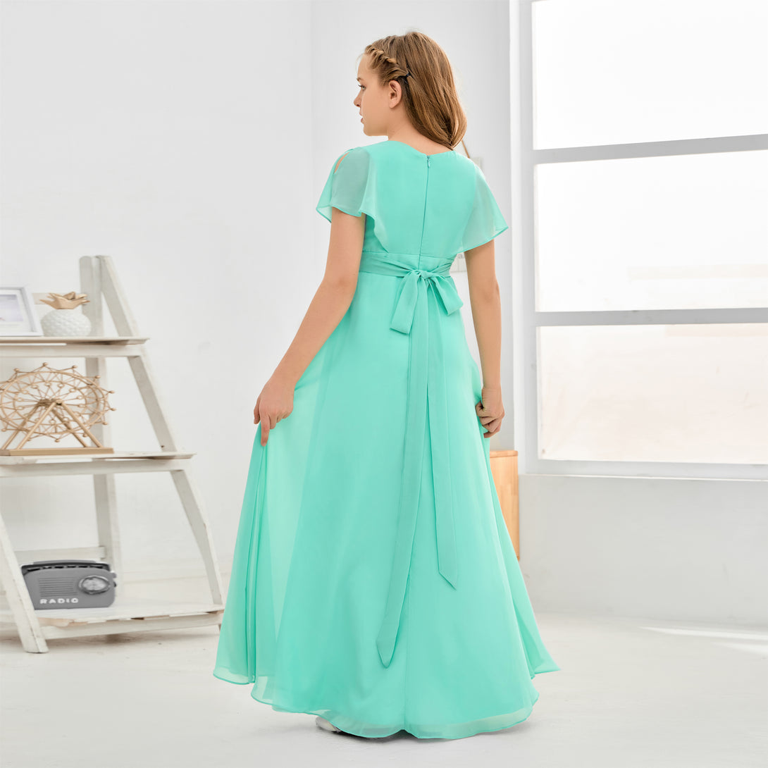 A-line V-Neck Floor-Length Chiffon Junior Bridesmaid Dress Gidiondress