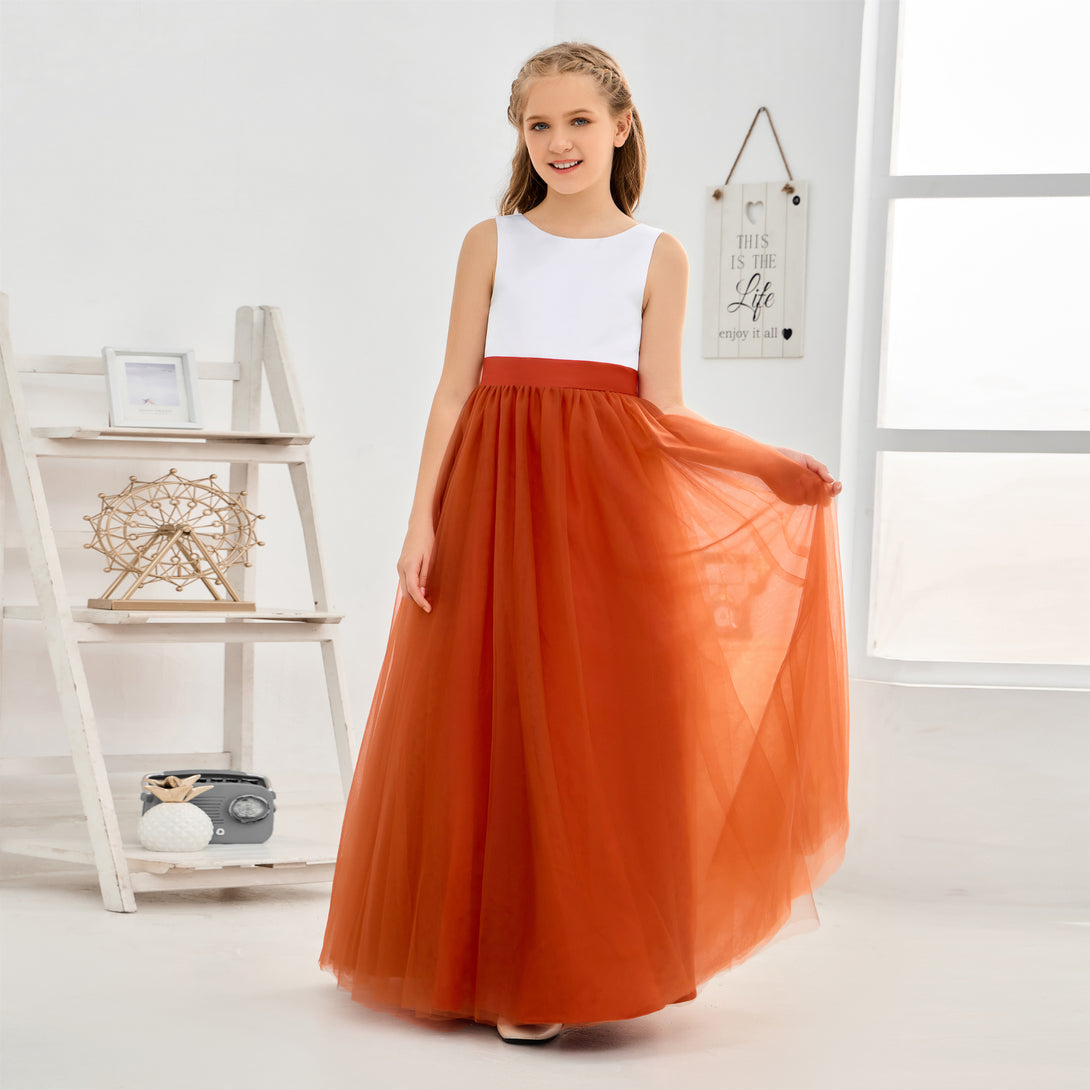 Sleeveless V Back Ivory Dark Green Tulle Floor Length Flower Girl Dress Gidiondress