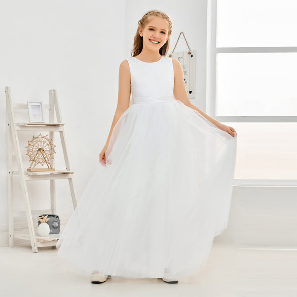 Scoop Neck Sleeveless Floor-Length Ivory Tulle/Satin Flower Girl Dresses/First Communion Dress With Bow Gidiondress