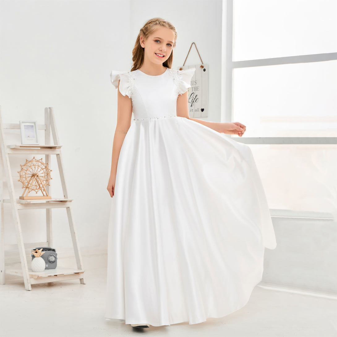Boat Neck Flutter straps Floor-Length Lace/Satin Flower Girl Dresses/First Communion Dress With Beads/Appliques Girls Gidiondress