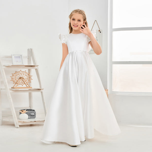 Boat Neck Flutter straps Floor-Length Lace/Satin Flower Girl Dresses/First Communion Dress With Beads/Appliques Girls Gidiondress