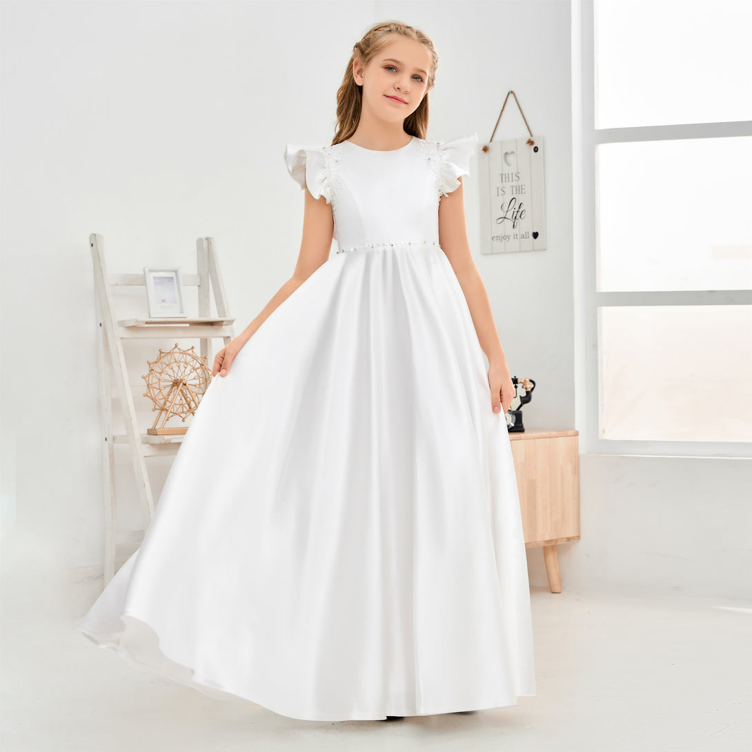 Boat Neck Flutter straps Floor-Length Lace/Satin Flower Girl Dresses/First Communion Dress With Beads/Appliques Girls Gidiondress