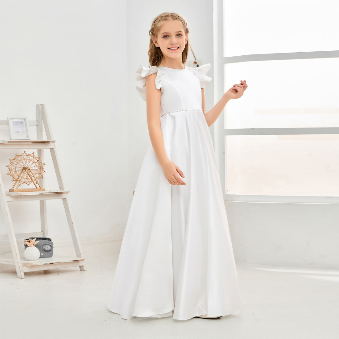 Boat Neck Flutter straps Floor-Length Lace/Satin Flower Girl Dresses/First Communion Dress With Beads/Appliques Girls Gidiondress Ivory 12M