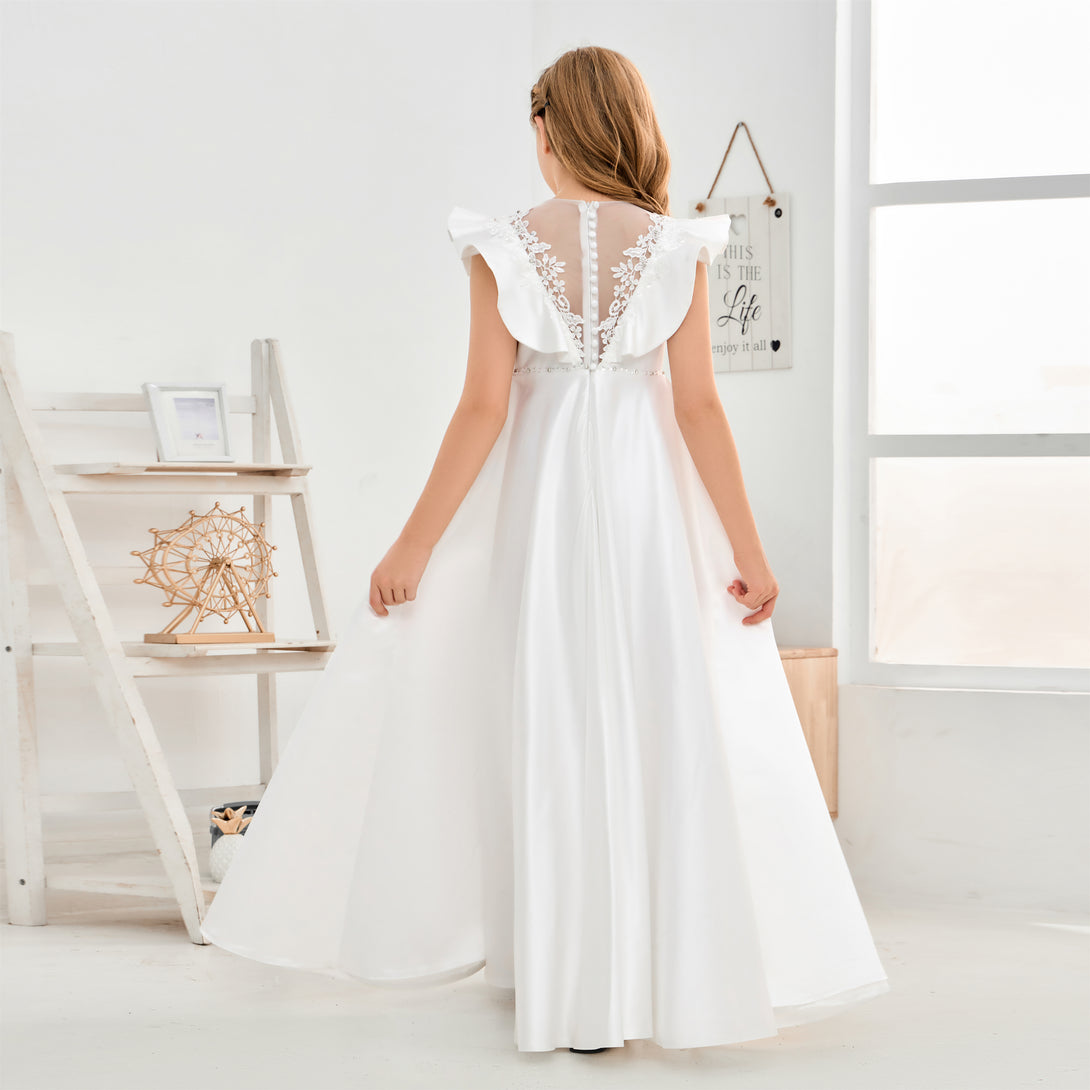 Boat Neck Flutter straps Floor-Length Lace/Satin Flower Girl Dresses/First Communion Dress With Beads/Appliques Girls Gidiondress