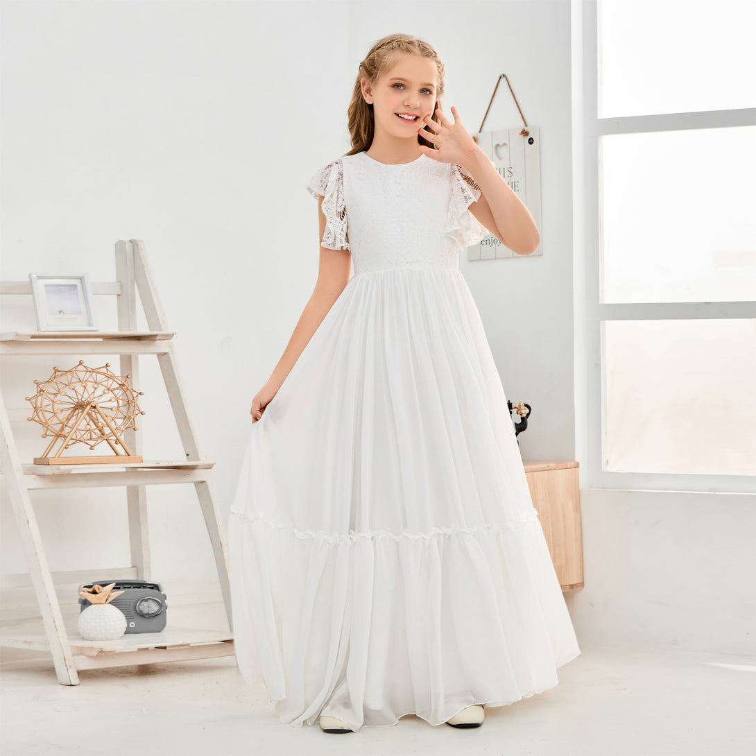 A-Line Scoop Neck Flutter straps Floor-Length Lace/Chiffon Junior Bridesmaid Dress/First Communion Dress With Lace Girls Gidiondress