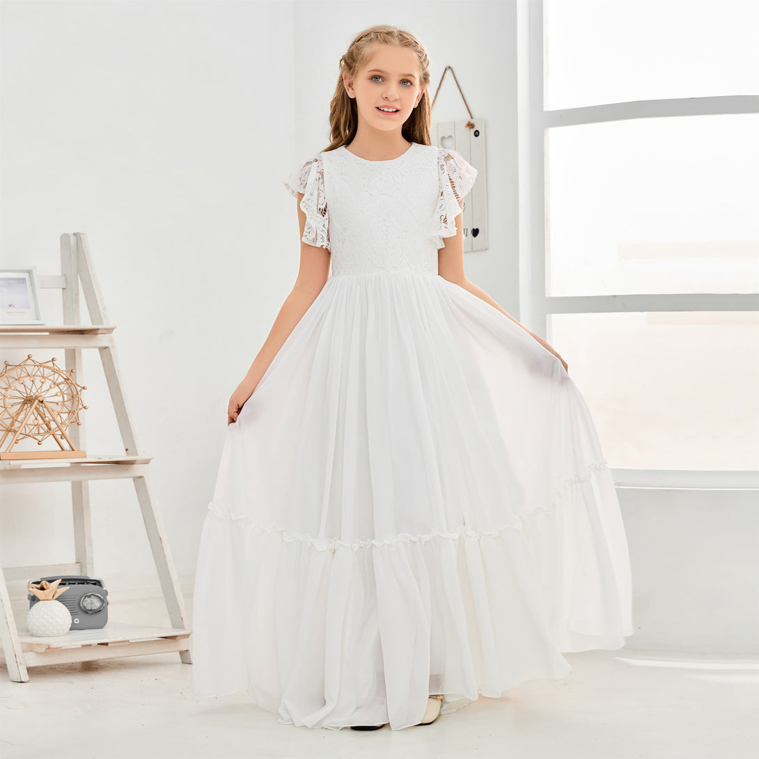 A-Line Scoop Neck Flutter straps Floor-Length Lace/Chiffon Junior Bridesmaid Dress/First Communion Dress With Lace Girls Gidiondress Ivory 12M