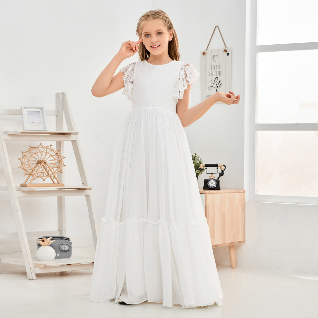 A-Line Scoop Neck Flutter straps Floor-Length Lace/Chiffon Junior Bridesmaid Dress/First Communion Dress With Lace Girls Gidiondress