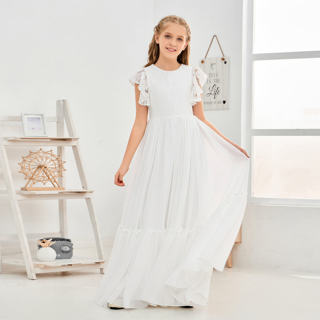 A-Line Scoop Neck Flutter straps Floor-Length Lace/Chiffon Junior Bridesmaid Dress/First Communion Dress With Lace Girls Gidiondress