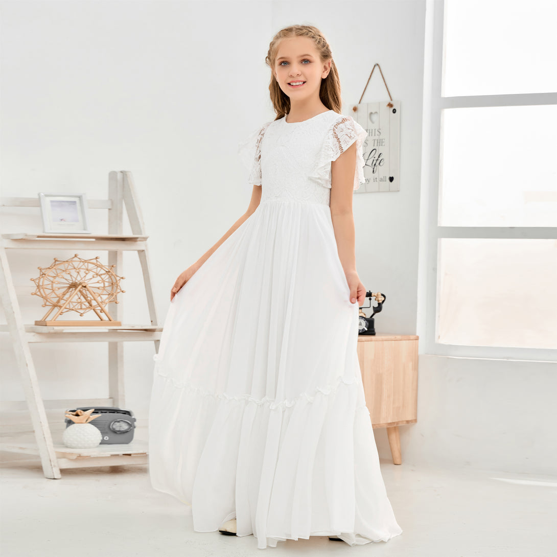 A-Line Scoop Neck Flutter straps Floor-Length Lace/Chiffon Junior Bridesmaid Dress/First Communion Dress With Lace Girls Gidiondress