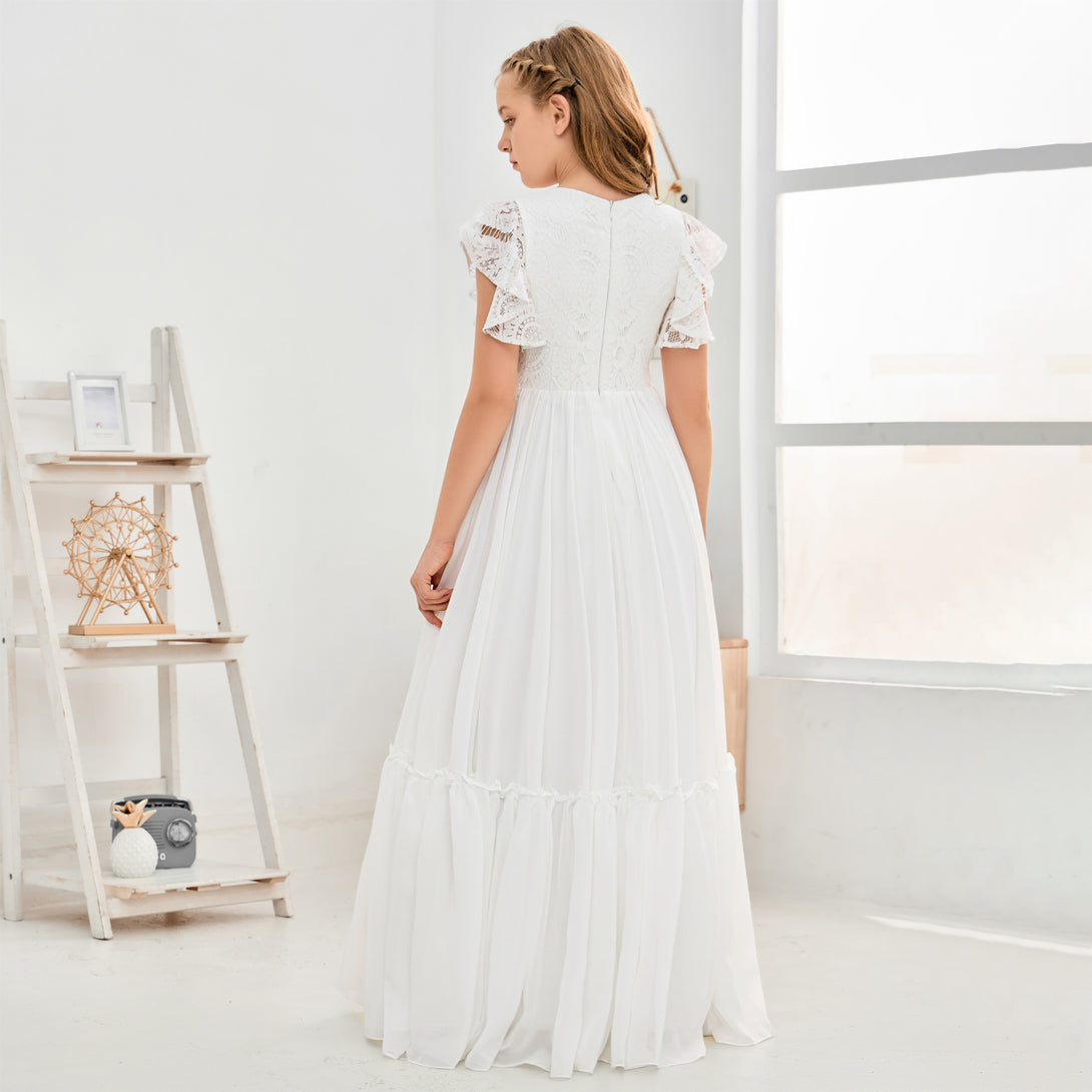 A-Line Scoop Neck Flutter straps Floor-Length Lace/Chiffon Junior Bridesmaid Dress/First Communion Dress With Lace Girls Gidiondress