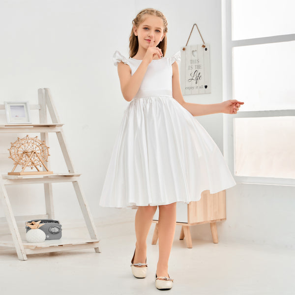 Boat Neck Flutter straps Knee-Length Satin Flower Girl Dresses/First Communion Dress With Belt/Bow Girls Gidiondress
