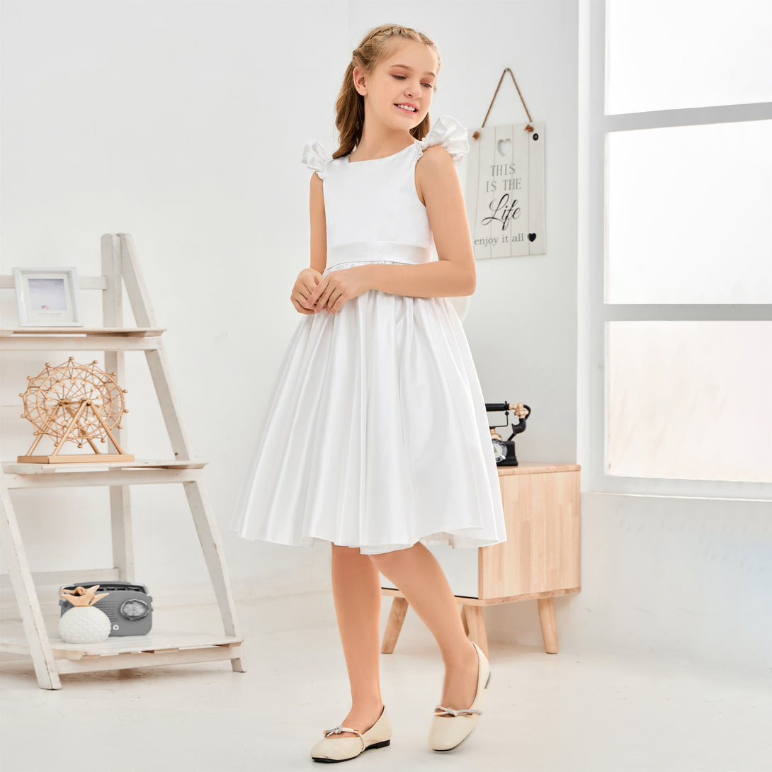 Boat Neck Flutter straps Knee-Length Satin Flower Girl Dresses/First Communion Dress With Belt/Bow Girls Gidiondress
