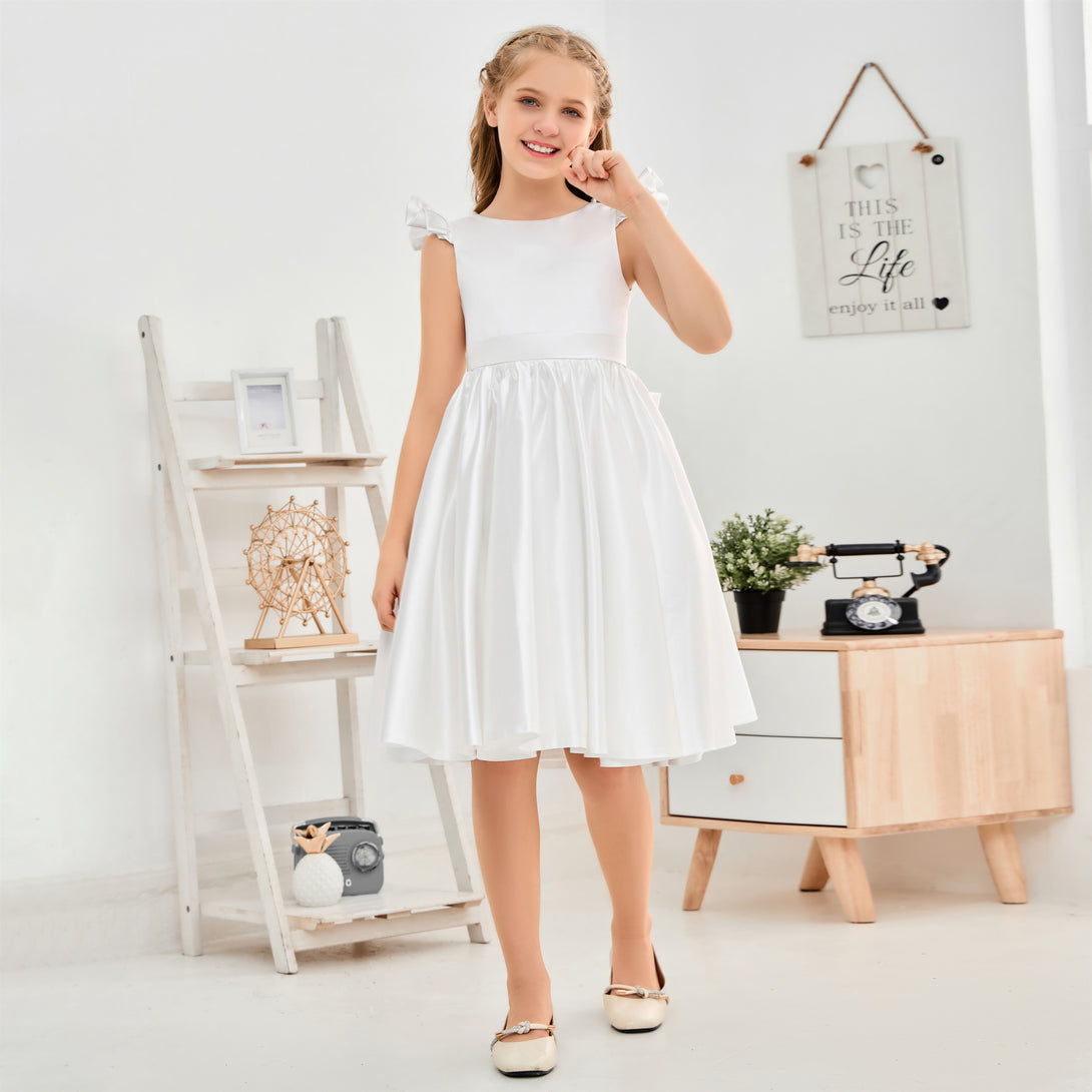 Boat Neck Flutter straps Knee-Length Satin Flower Girl Dresses/First Communion Dress With Belt/Bow Girls Gidiondress