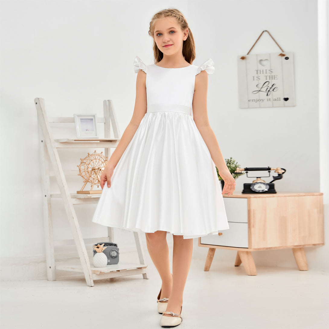 Boat Neck Flutter straps Knee-Length Satin Flower Girl Dresses/First Communion Dress With Belt/Bow Girls Gidiondress Ivory 12M