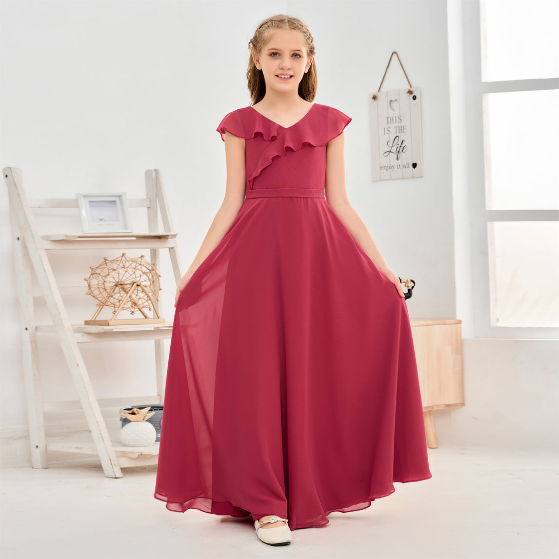 Floor-Length Chiffon Asymmetrical Junior Bridesmaid Dress/Girls Dress Gidiondress