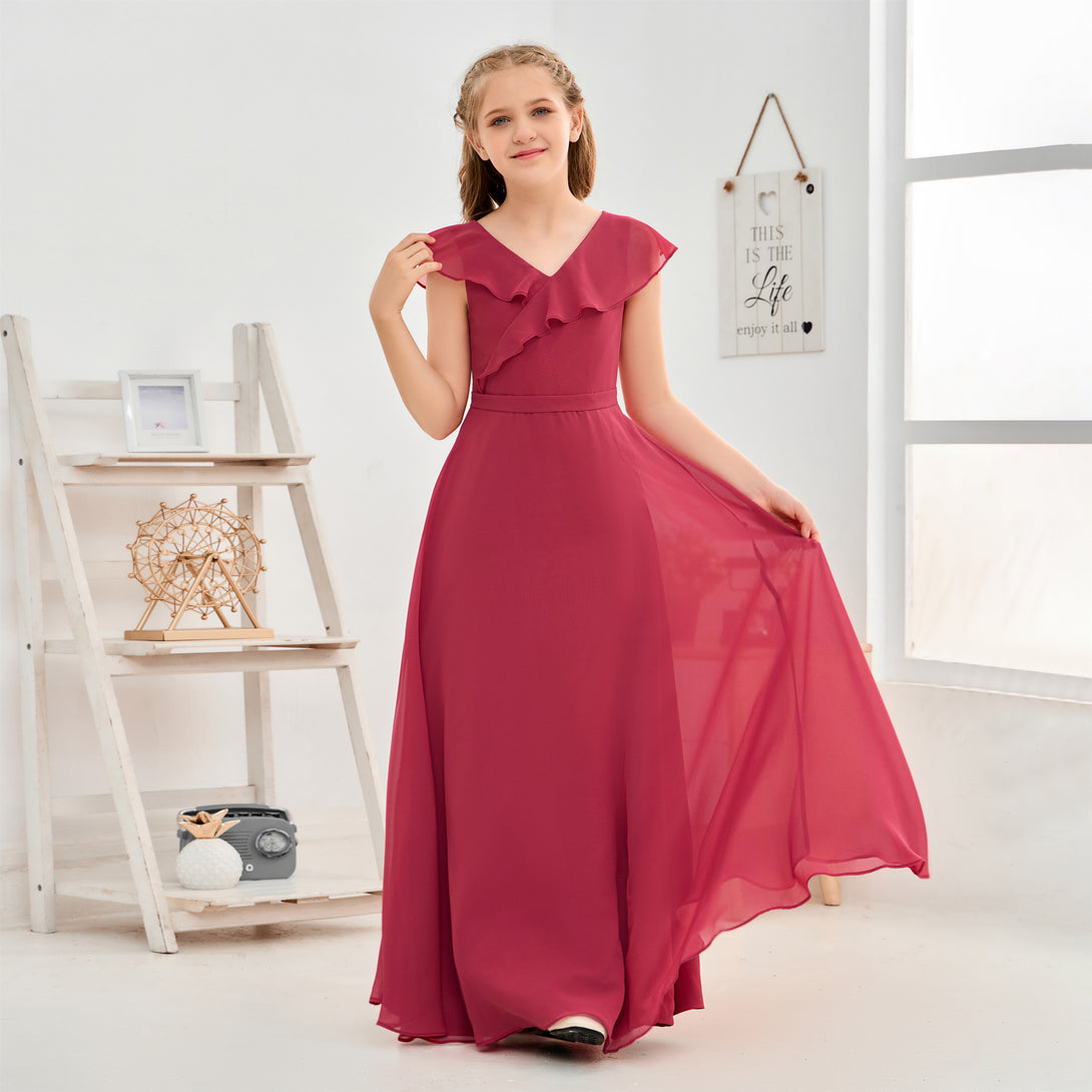 Floor-Length Chiffon Asymmetrical Junior Bridesmaid Dress/Girls Dress Gidiondress