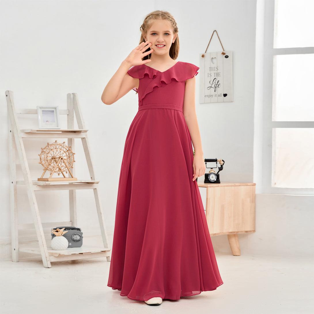 Floor-Length Chiffon Asymmetrical Junior Bridesmaid Dress/Girls Dress Gidiondress