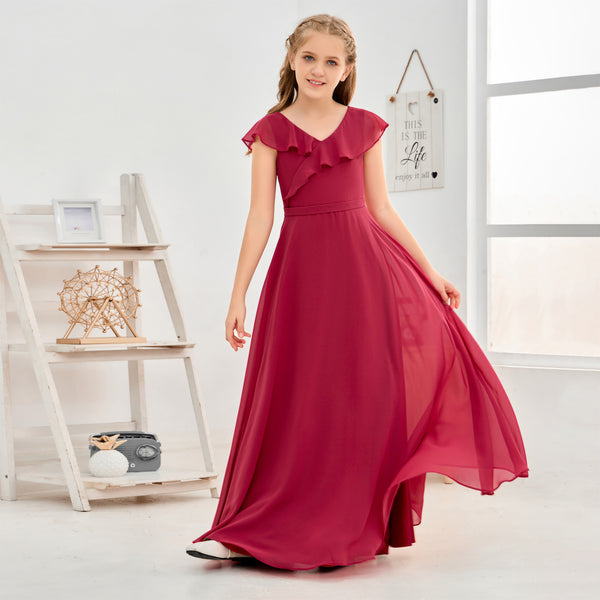 Floor-Length Chiffon Asymmetrical Junior Bridesmaid Dress/Girls Dress Gidiondress