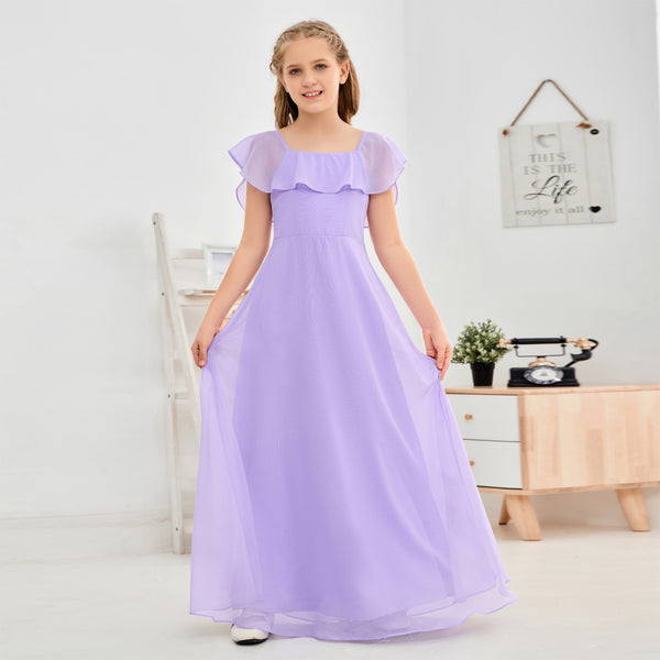 A-Line Square Flutter straps Simple Floor-Length Lilac Chiffon Junior Bridesmaid Dress/Girls Birthday Dresses Gidiondress