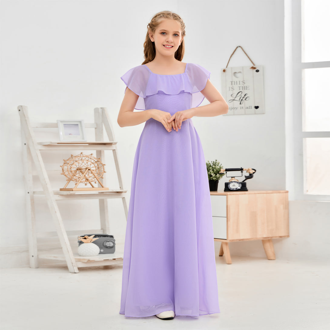 A-Line Square Flutter straps Simple Floor-Length Lilac Chiffon Junior Bridesmaid Dress/Girls Birthday Dresses Gidiondress