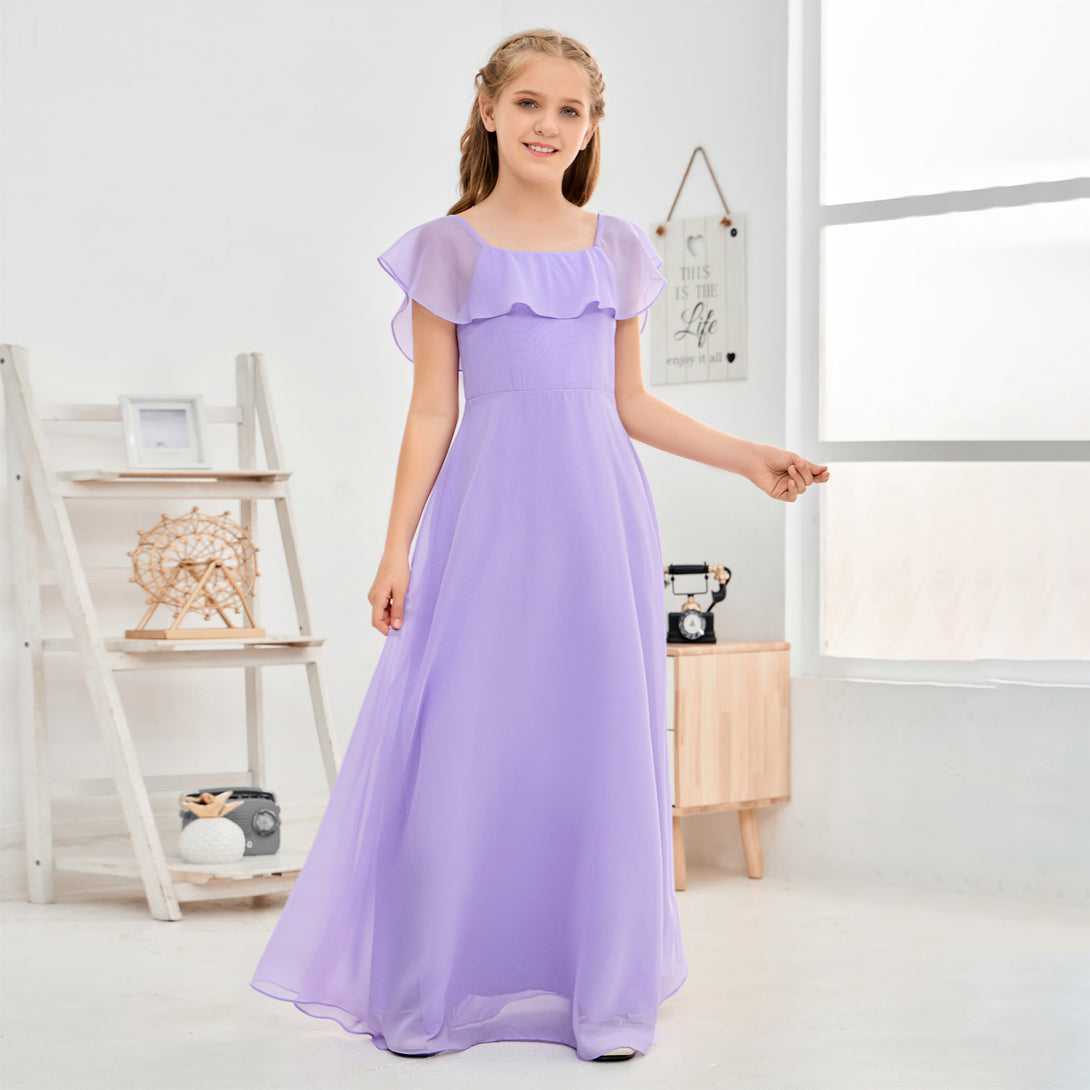 A-Line Square Flutter straps Simple Floor-Length Lilac Chiffon Junior Bridesmaid Dress/Girls Birthday Dresses Gidiondress