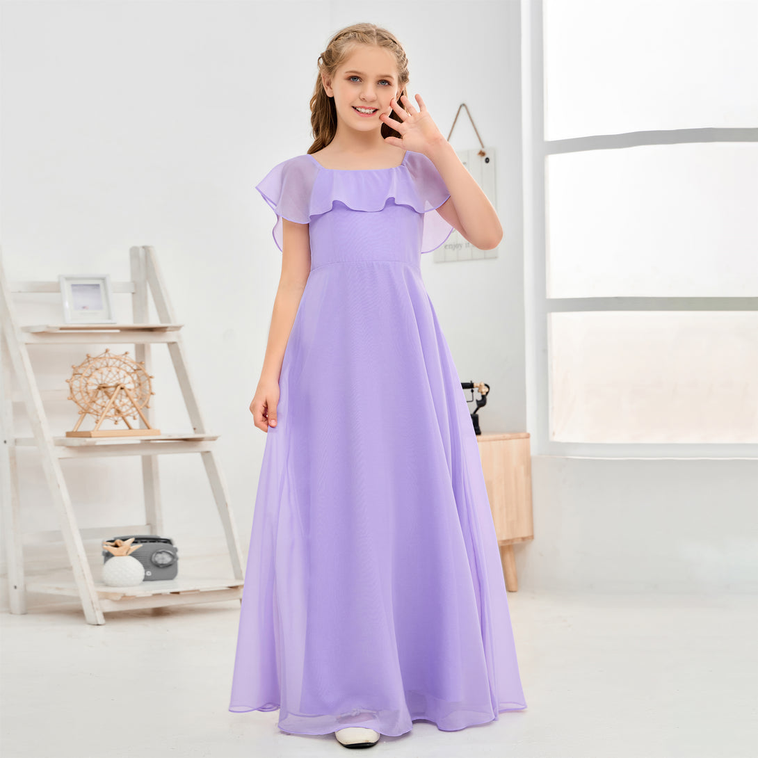 A-Line Square Flutter straps Simple Floor-Length Lilac Chiffon Junior Bridesmaid Dress/Girls Birthday Dresses Gidiondress