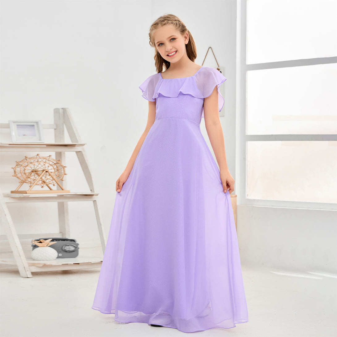 A-Line Square Flutter straps Simple Floor-Length Lilac Chiffon Junior Bridesmaid Dress/Girls Birthday Dresses Gidiondress as picture 12M