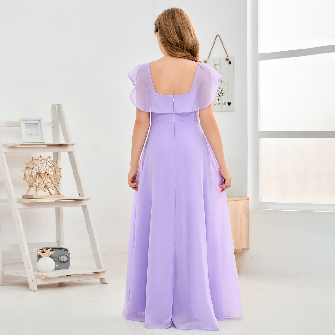A-Line Square Flutter straps Simple Floor-Length Lilac Chiffon Junior Bridesmaid Dress/Girls Birthday Dresses Gidiondress