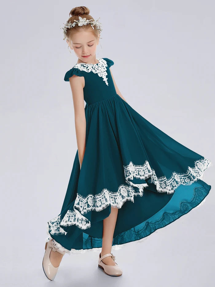 Asymmetrical Cap Sleeve Scoop Neck Cute Ankel-Length Lace/Chiffon Junior Bridesmaid Dress With Appliques Gidiondress
