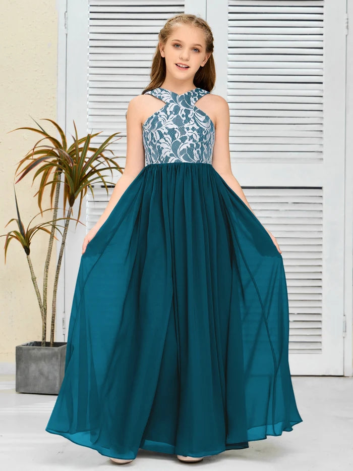 A-Line Sleeveless Halter Floor-Length Satin/Chiffon/Lace Junior Bridesmaid Dress/Girls Birthday Dresses Gidiondress