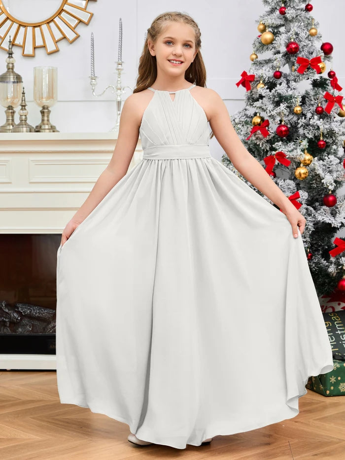 Halter A-Line Classic Floor-Length Chiffon Girls Birthday Dresses/Junior Bridesmaid Dress With Pleated/Belt Gidiondress Ivory 12M
