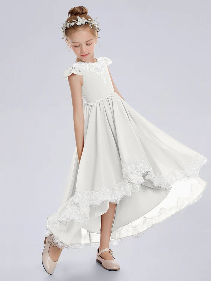 Asymmetrical Cute Cap Sleeve Scoop Neck Ankel-Length Lace/Chiffon Junior Bridesmaid Dress With Appliques Gidiondress